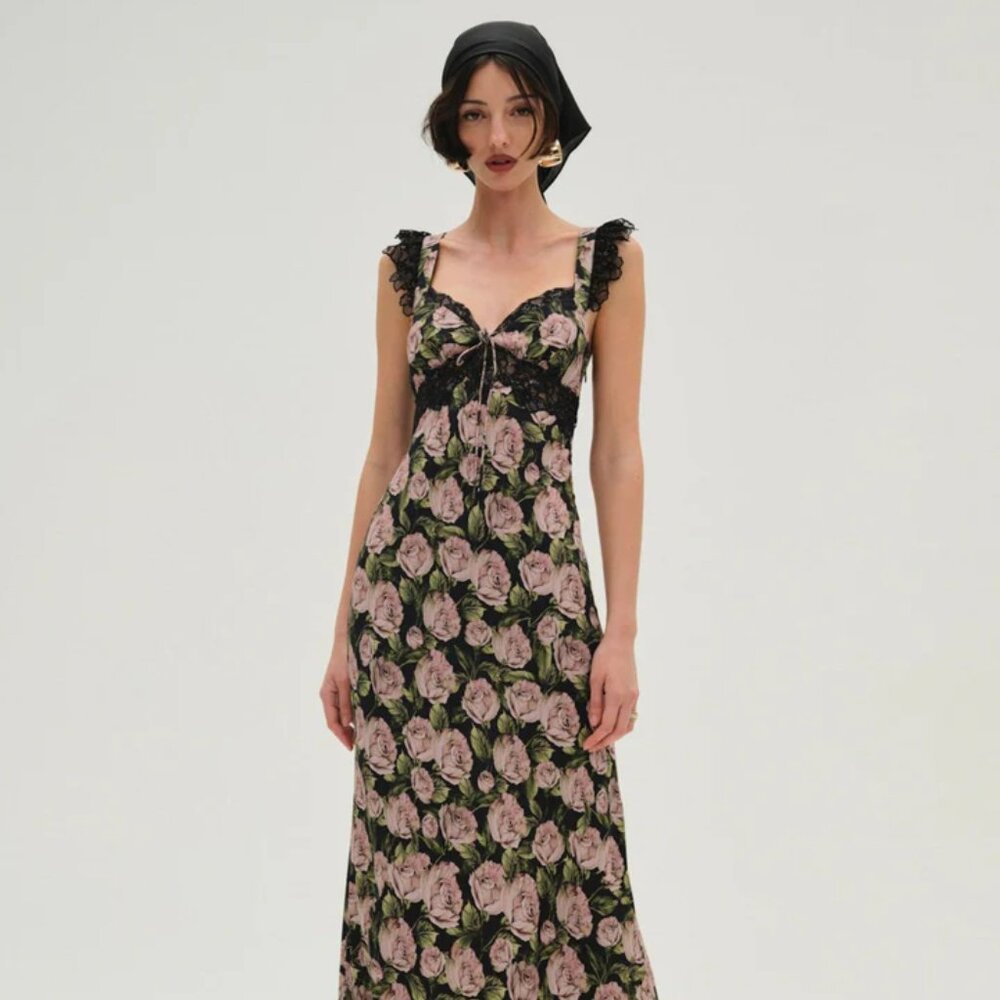 FOR LOVE & LEMONS Fallen Rose Maxi Dress NWT